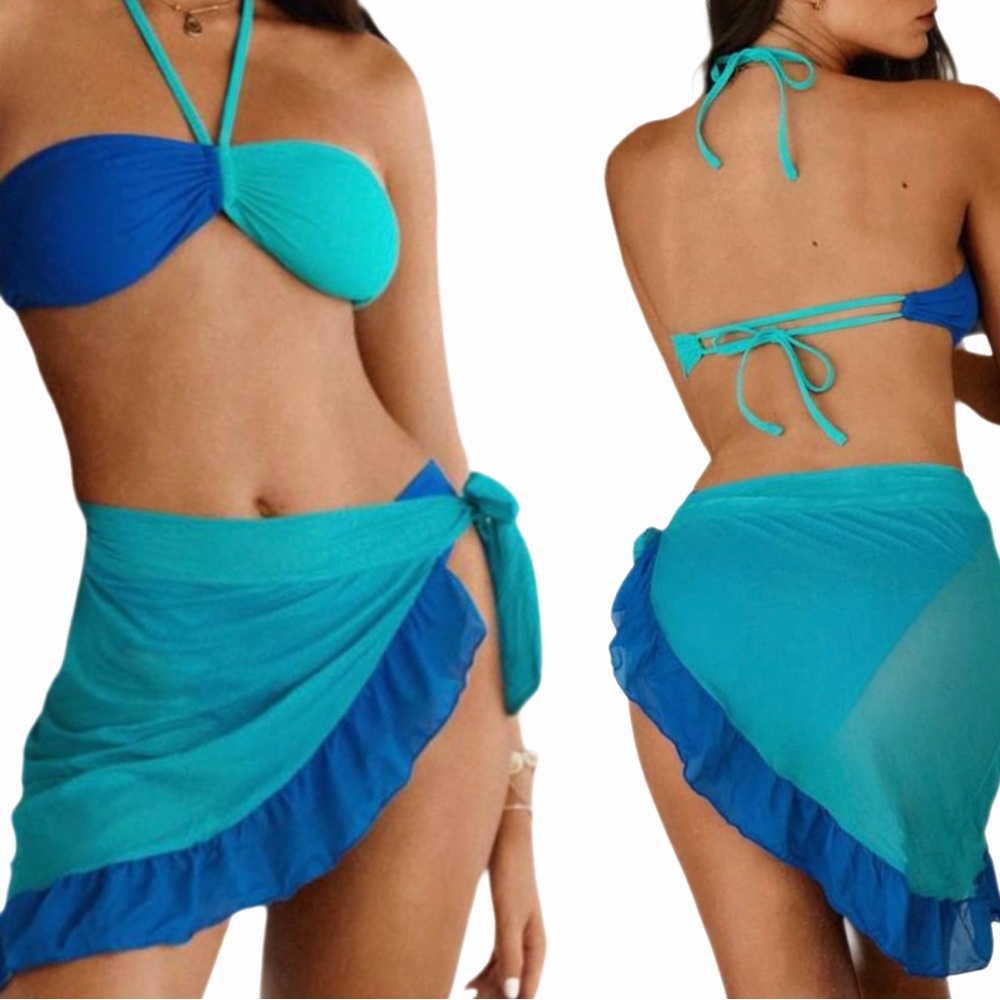 3 Piece Set | Blue and Teal Bikini + Matching Sheer Sarong Cover